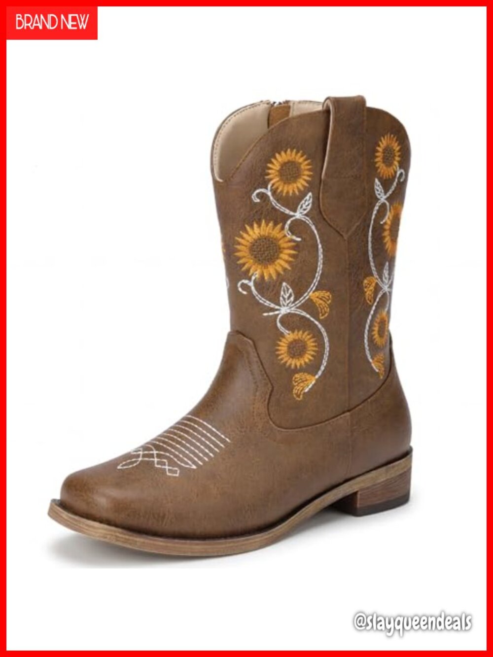 Girls Cowboy Boots Floral Embroidery Western Square Toe Zip Kids